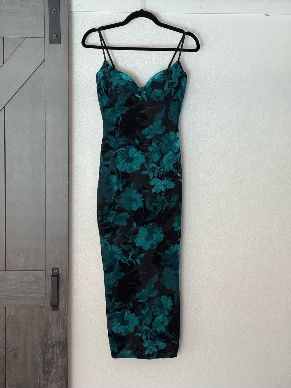 Windsor Teal Floral Velvet Midi Slip Dress